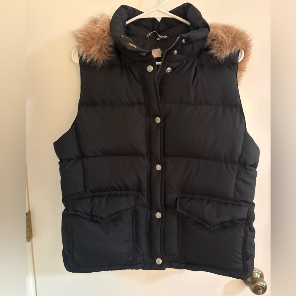 J. Crew Black Puffer Vest with Tan Faux Fur Trim - Picture 7 of 12